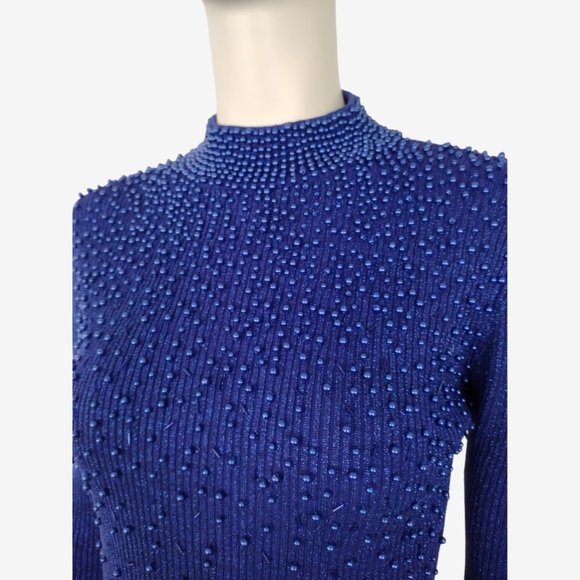 Vintage 1980s Blue Metallic Silk Beaded Stretch Knit Mock Neck Sweater - Picture 8 of 12